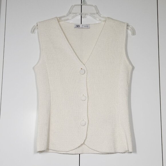 Zara Jackets & Blazers - Zara Basic Knit Fitted Sleeveless Vest Size S Off-White Viscose/Linen